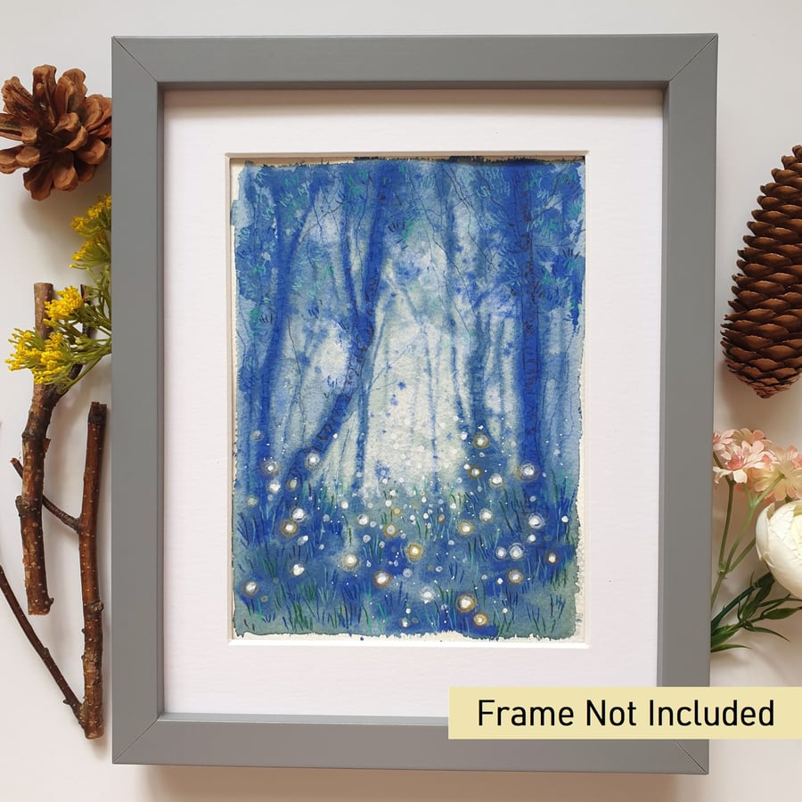 Firefly forest gouache and mixed media painting, landscape artwork