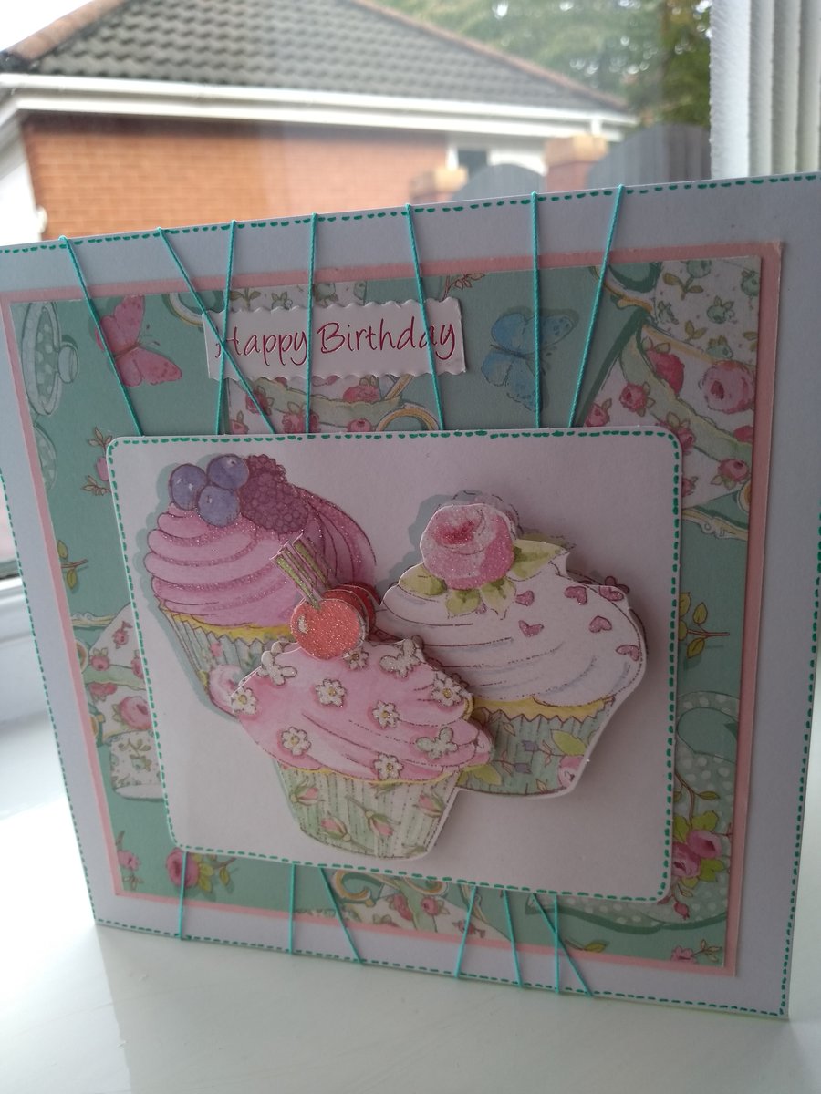Green trio of decoupage cupcakes birthday card