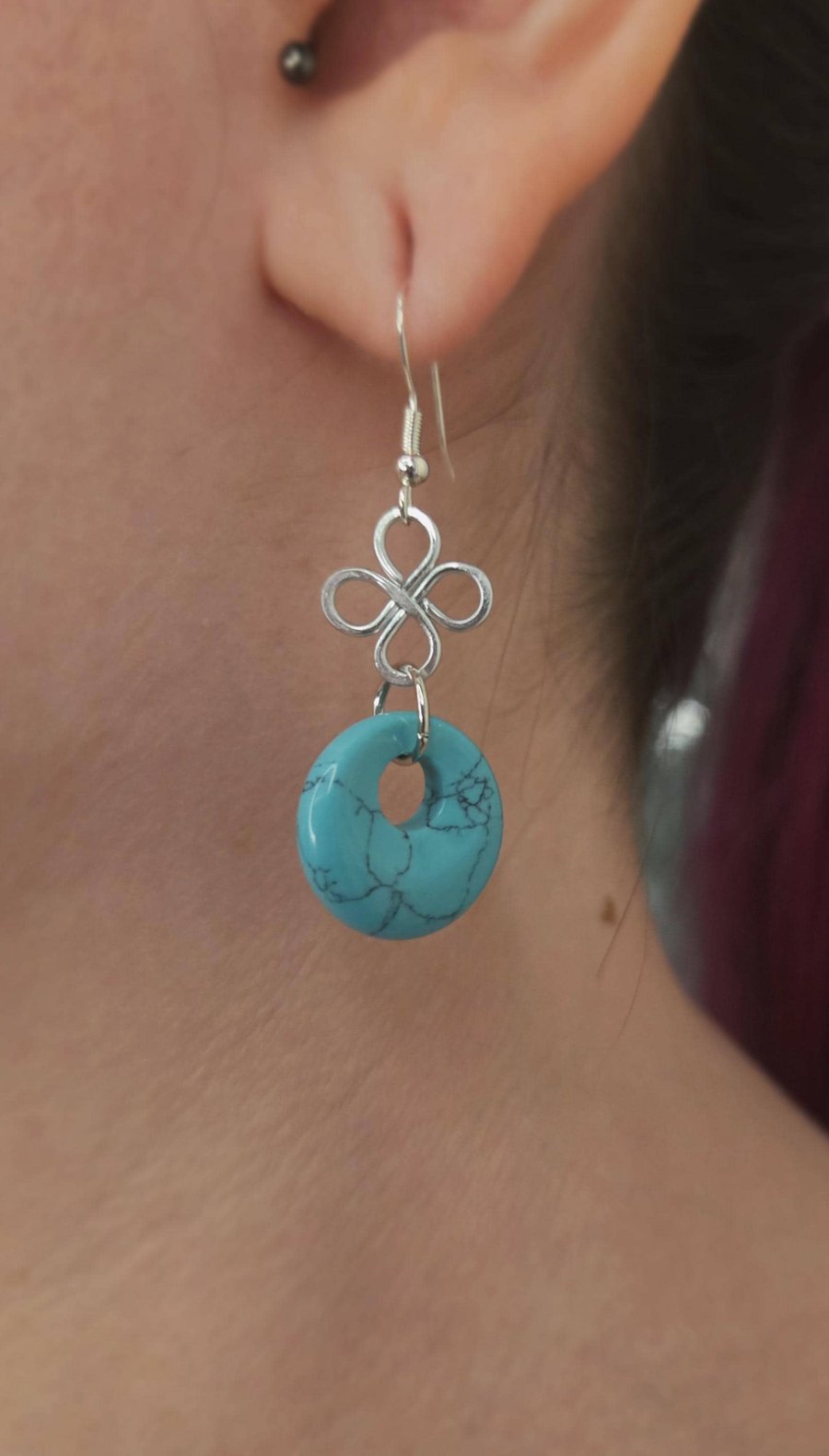 Turquoise Donut Earrings with Silver Clover Charms, Sterling Silver Hooks
