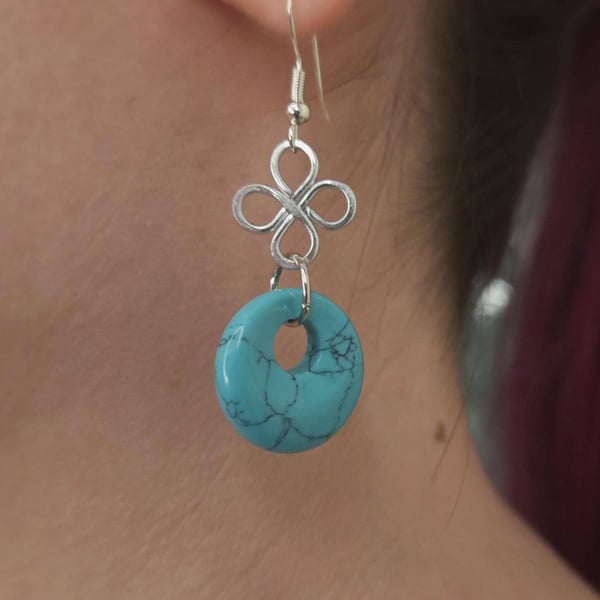 Turquoise Donut Earrings with Silver Clover Charms, Sterling Silver Hooks