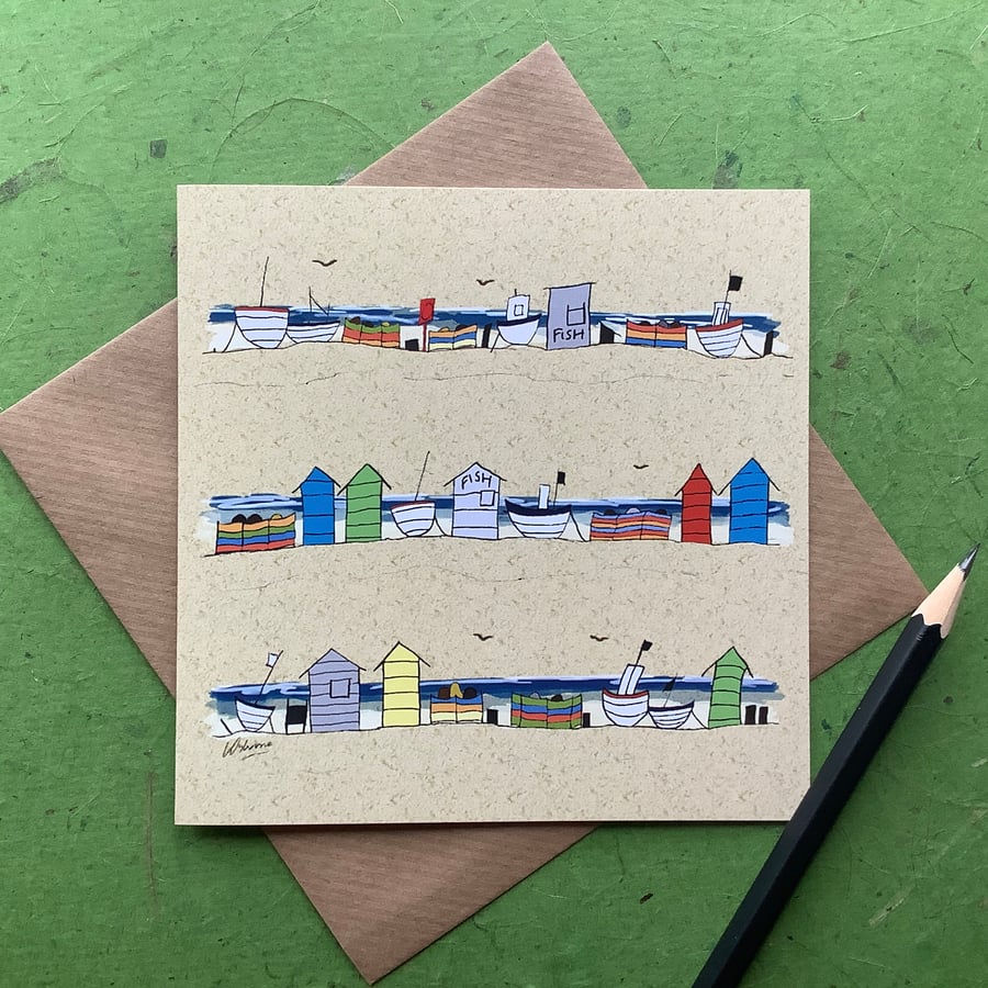 Beach huts and boats. Greetings card. Blank inside. Sea. Coast.