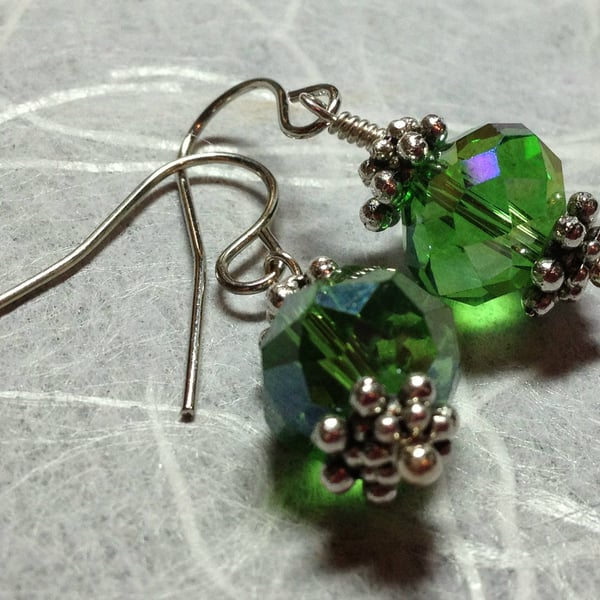 Tibetan Silver & Green Crystal Single Bead Earrings