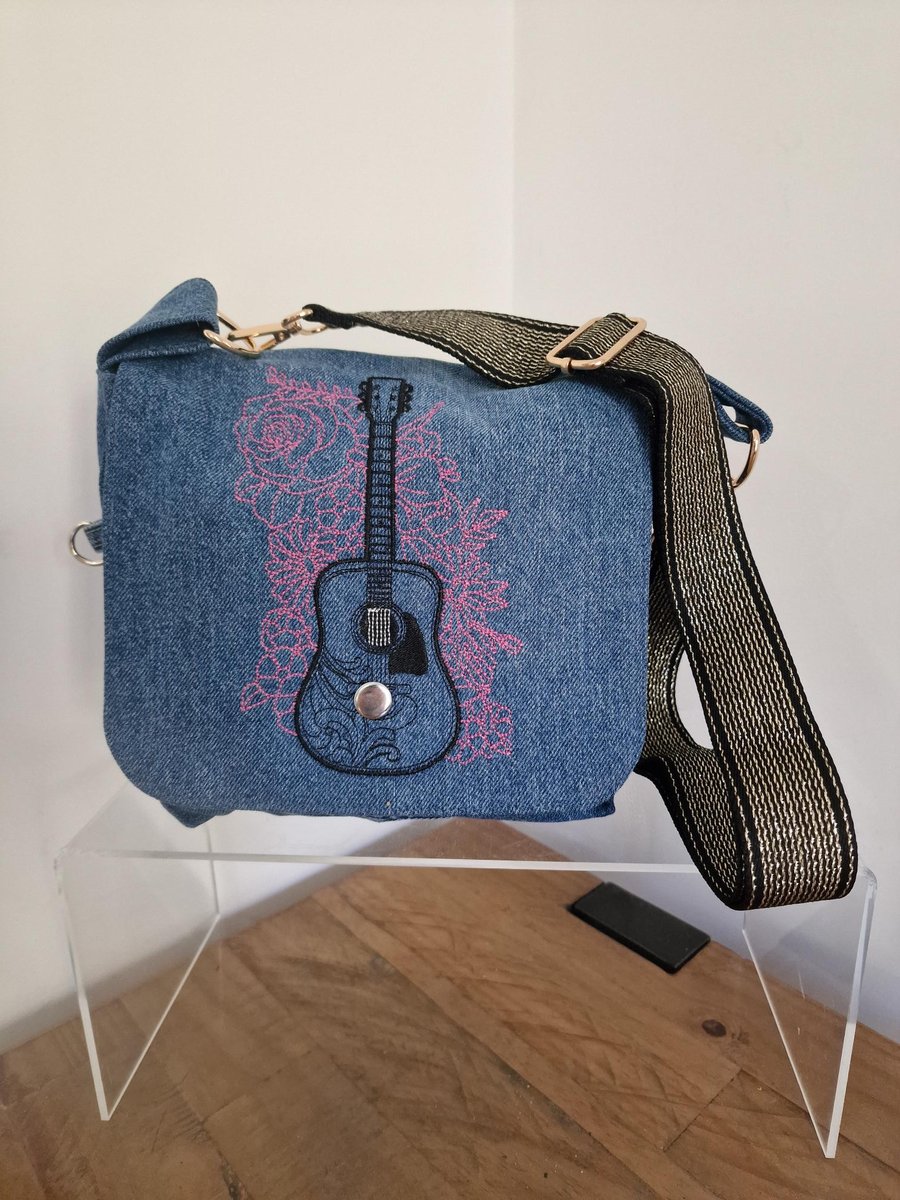 Handmade Upcycled Western Guitar Denim Crossbody Bag 