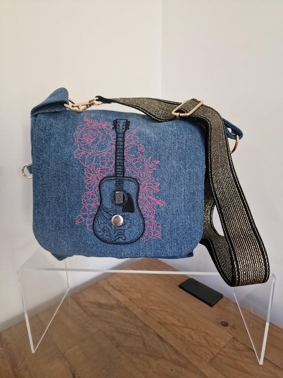 Handmade Upcycled Western Guitar Denim Crossbody Bag 