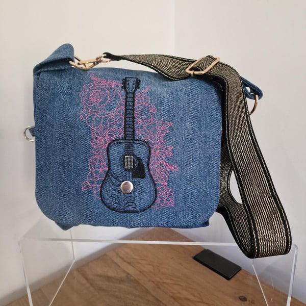 Handmade Upcycled Western Guitar Denim Crossbody Bag 