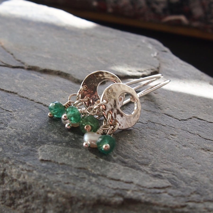 Sterling Silver Moon Earrings with Green Apatite and Pearls