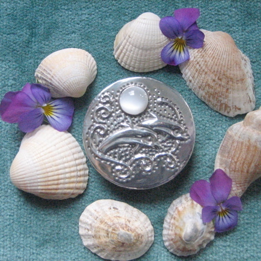 REDUCED! Dolphin brooch,moonstone and pewter