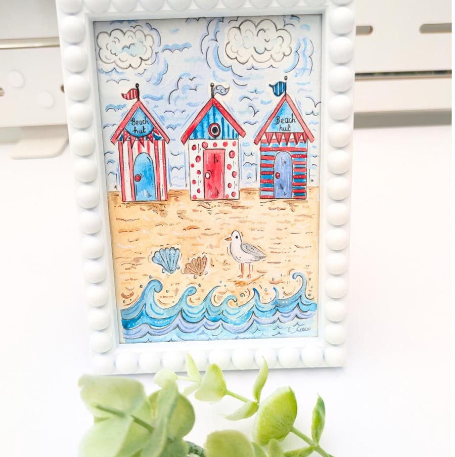 Beach hut original framed painting