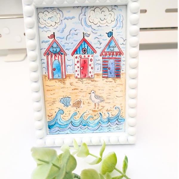 Beach hut original framed painting