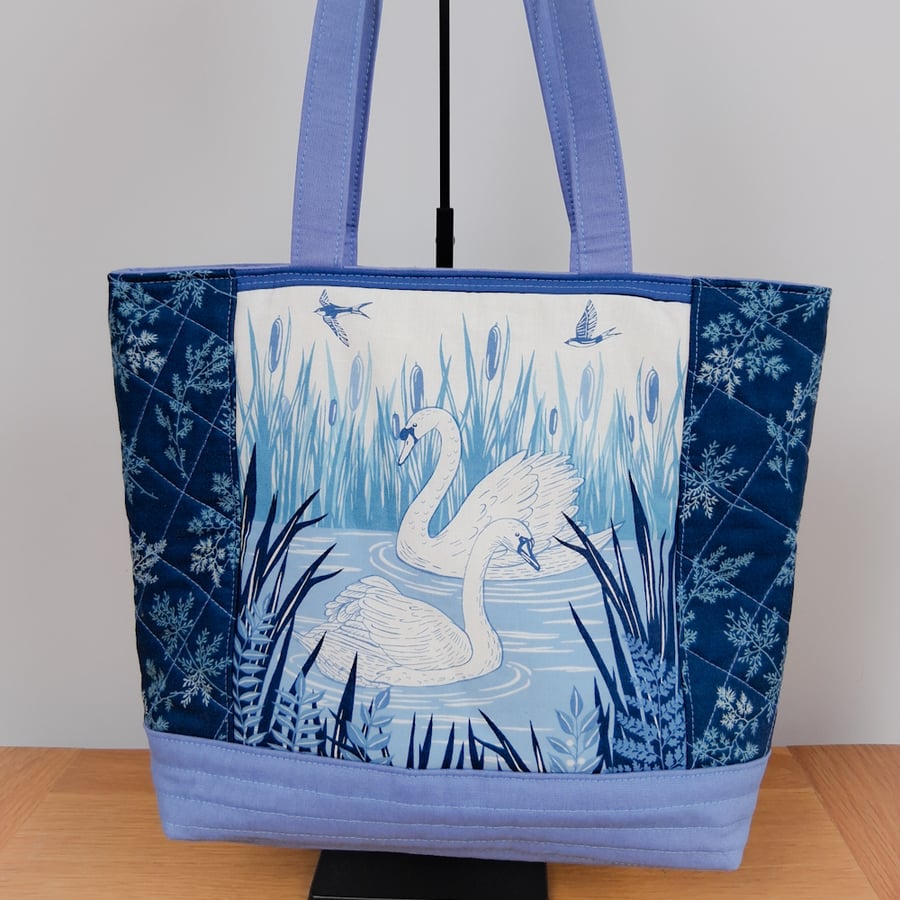 Blue and Cream Swans Shopping Bag