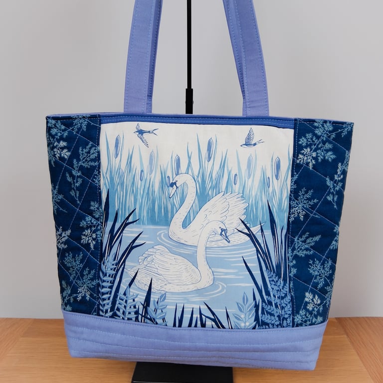 Blue and Cream Swans Shopping Bag