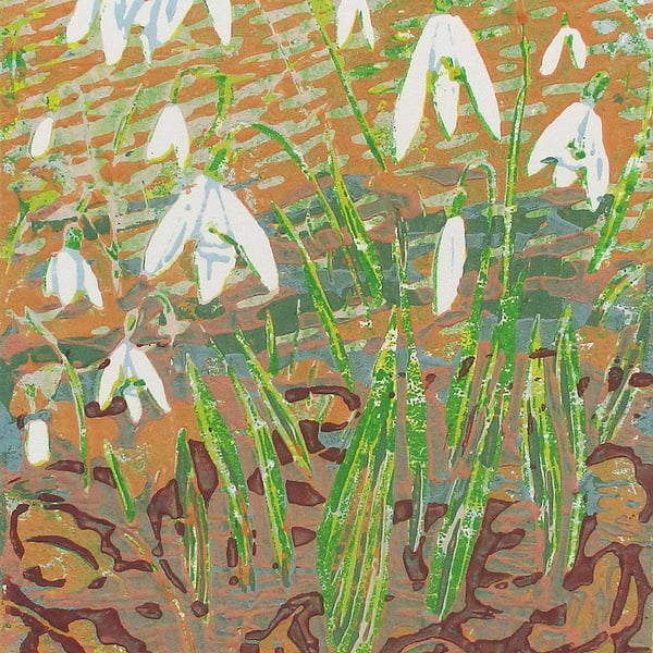 Snowdrops - Original Hand Pressed Linocut Print Ltd Edition