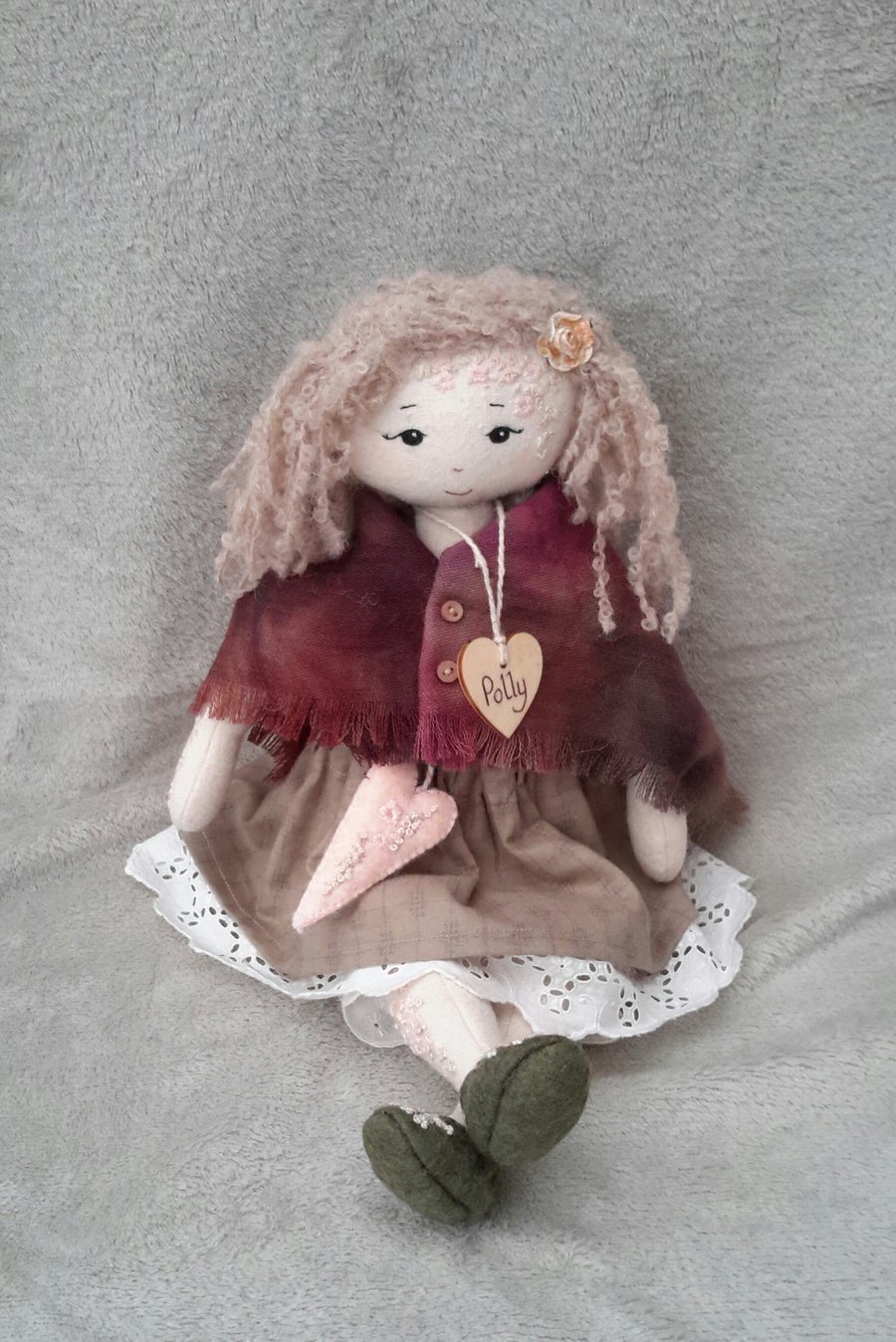 Polly, Hand Embroidered Collectable Cloth Doll, Handmade Keepsake Doll