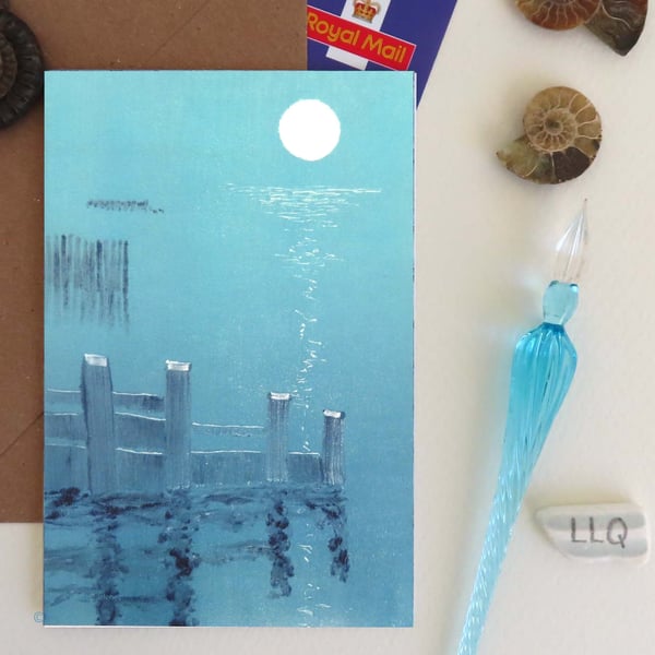 Blank greeting art card ocean and moon reproduction card cello free male card