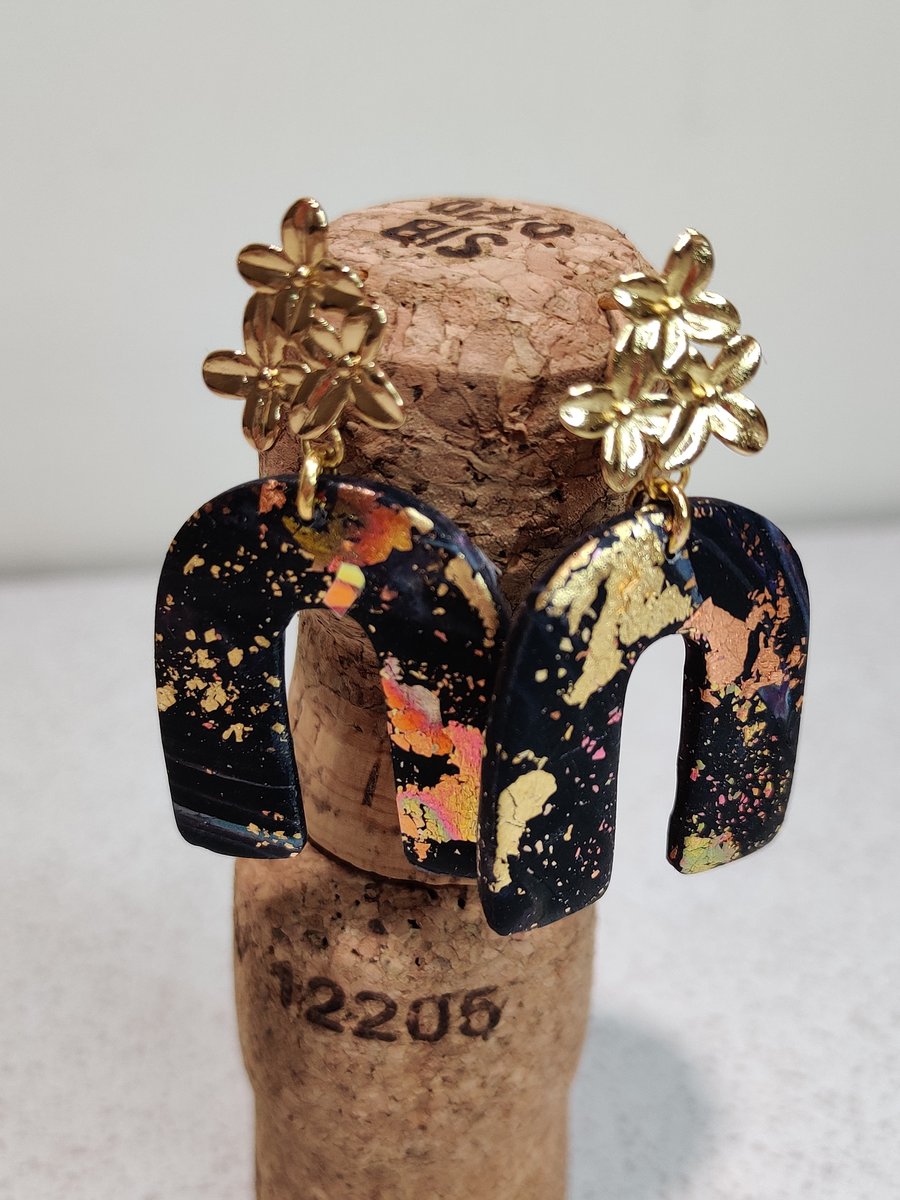 Midnight galaxy arch flower dangle earrings