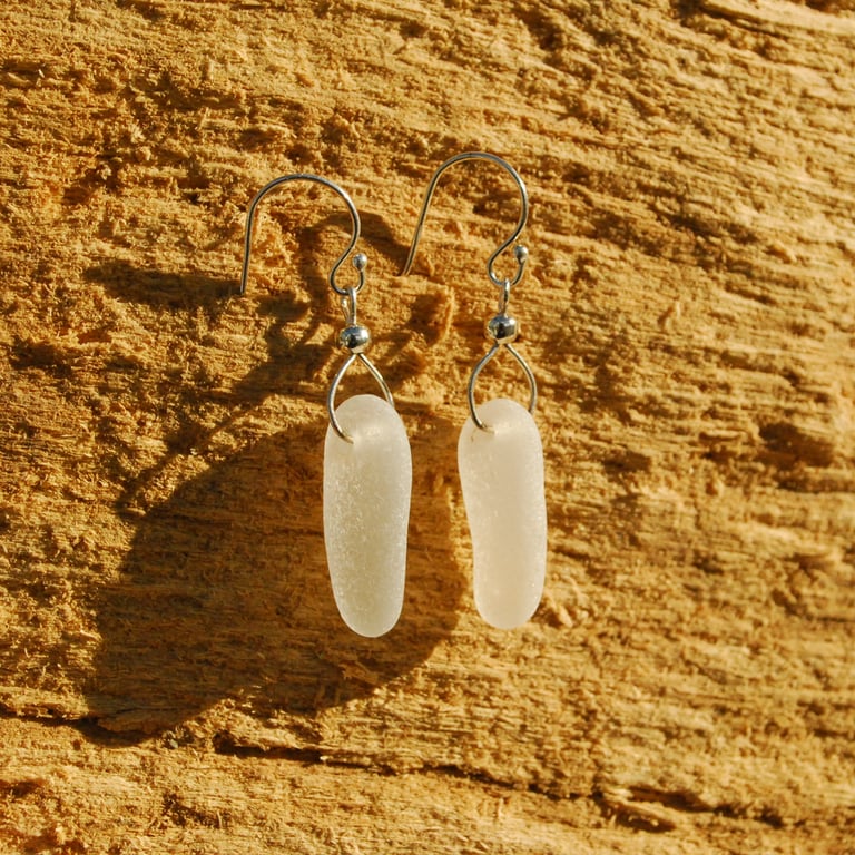 Long white sea glass earrings