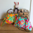 Frame shoulder purse with chain, made with colourful Disco Kitty fabric