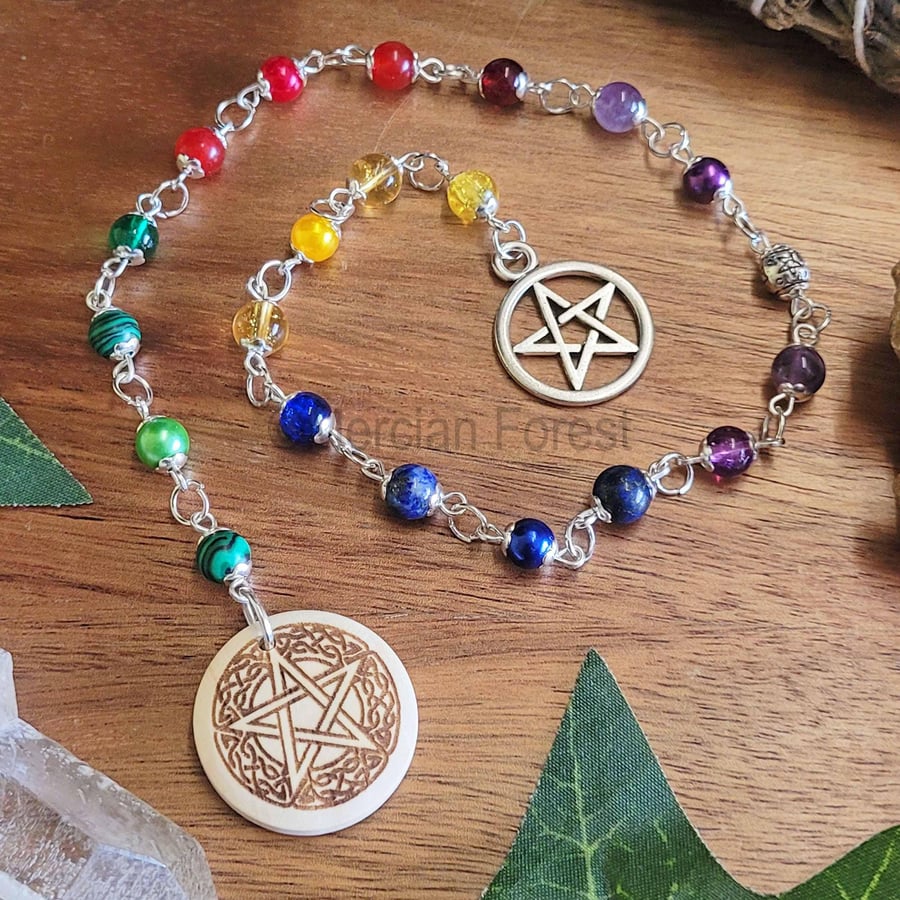 Pentacle Elemental Meditation Beads. Handmade Pagan Prayer String Engraved