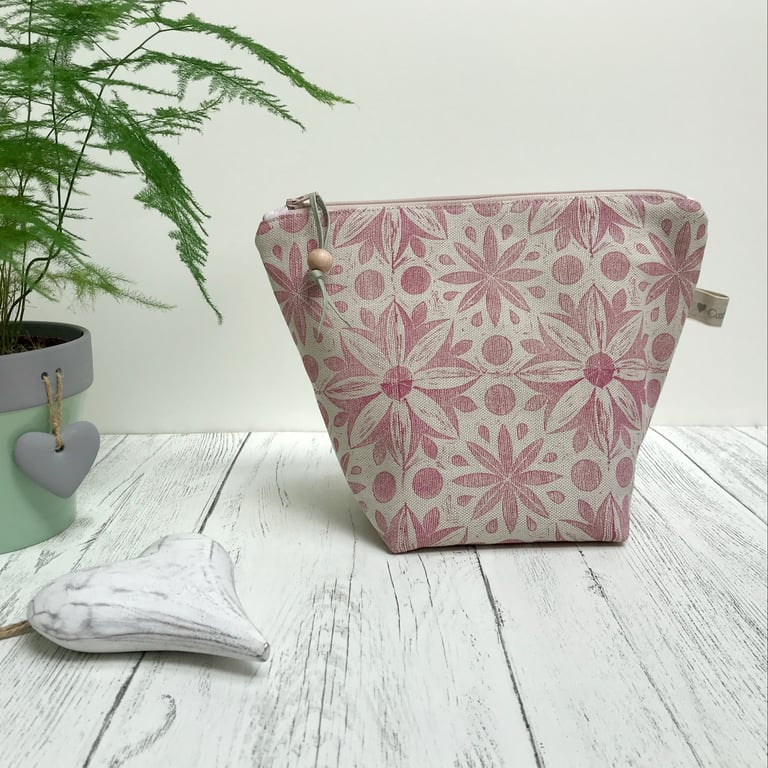 Hand Printed Organic Cotton Wash Bag, Toiletry Bag, Accessory Bag