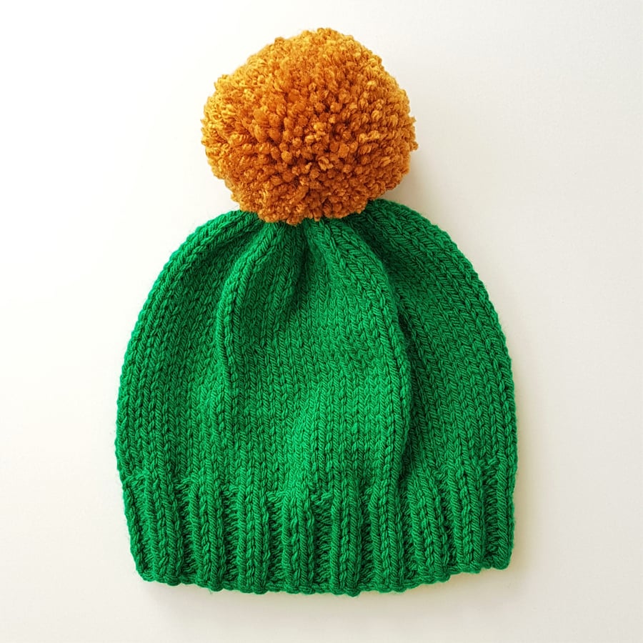Bobble Hat in Emerald Green Chunky Yarn with Mustard Pom Pom