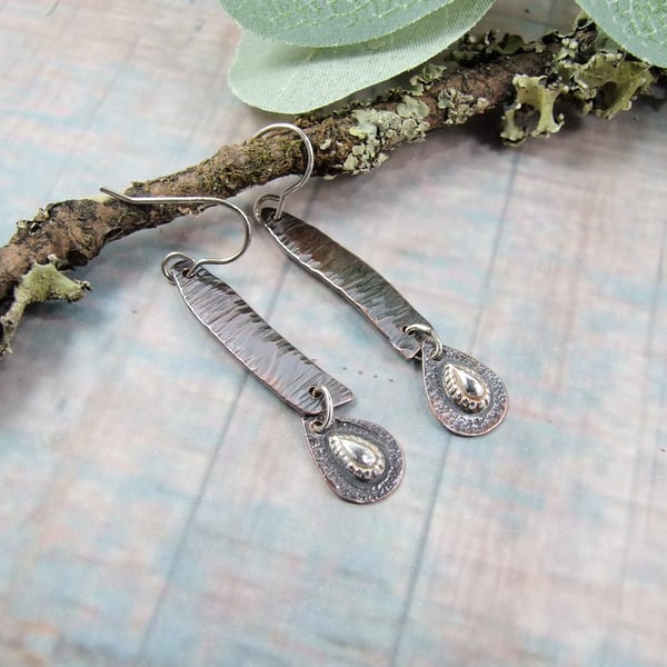 Earrings, Copper & Sterling Silver Rustic Textured Teardrops