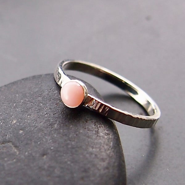 Sterling Silver and Pink Opal Textured Ring