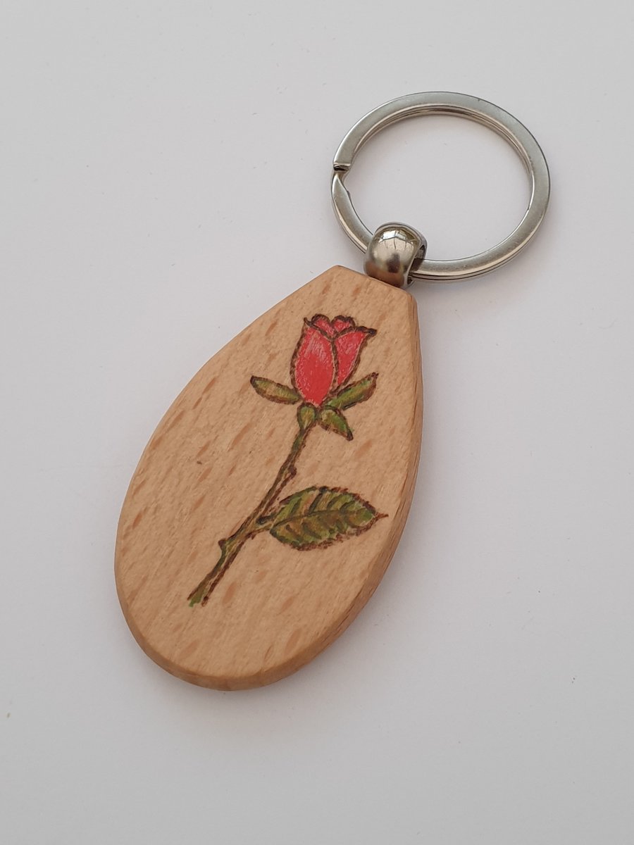 Flower keyring,  Red rose wooden pyrography keyring 