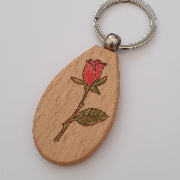 Flower keyring,  Red rose wooden pyrography keyring 