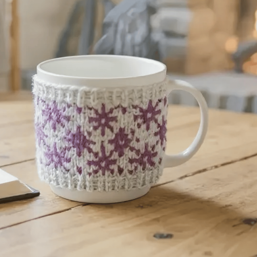 Lilac flowers hand knit mug hug