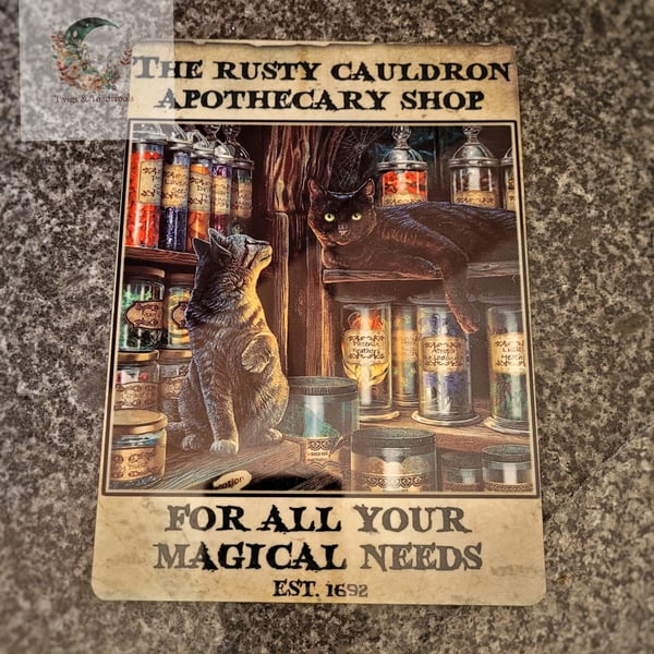 The rusty cauldron Black cat apothecary shop metal sign 