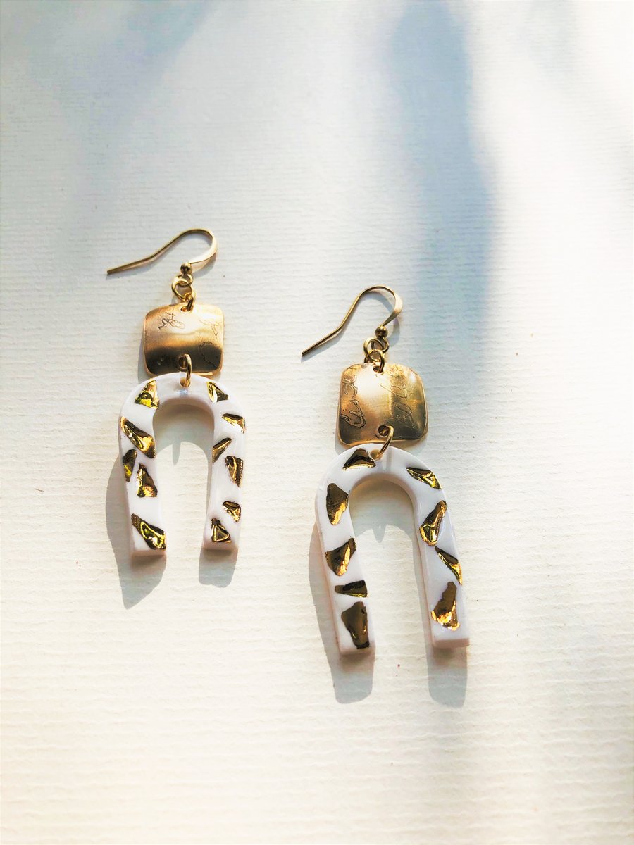LUXURY FASHION PORCELAIN & BRASS EARRINGS, handcrafted, unique.( free post uk)