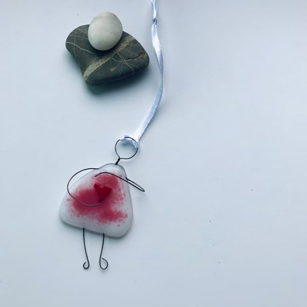  fused glass girl, hug, heart, gift for friend, pink