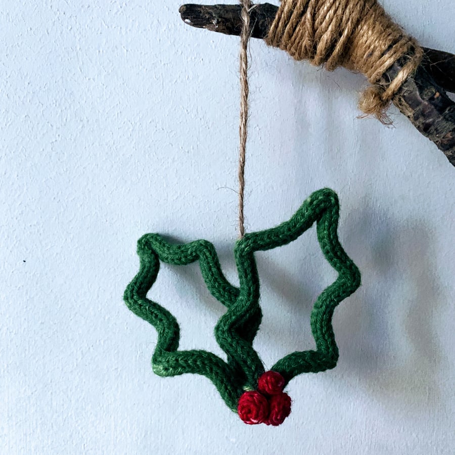 Holly Sprig - hand dyed, hand knitted, hand sculpted string hanging decoration