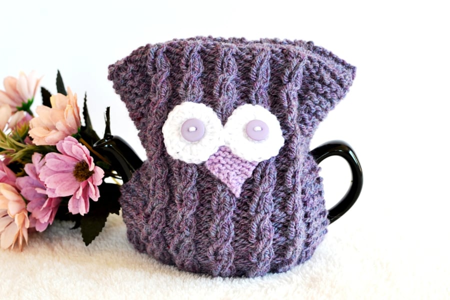  1 - 2 Cup Lilac Hand Knitted Owl Tea cosy Pot Cover