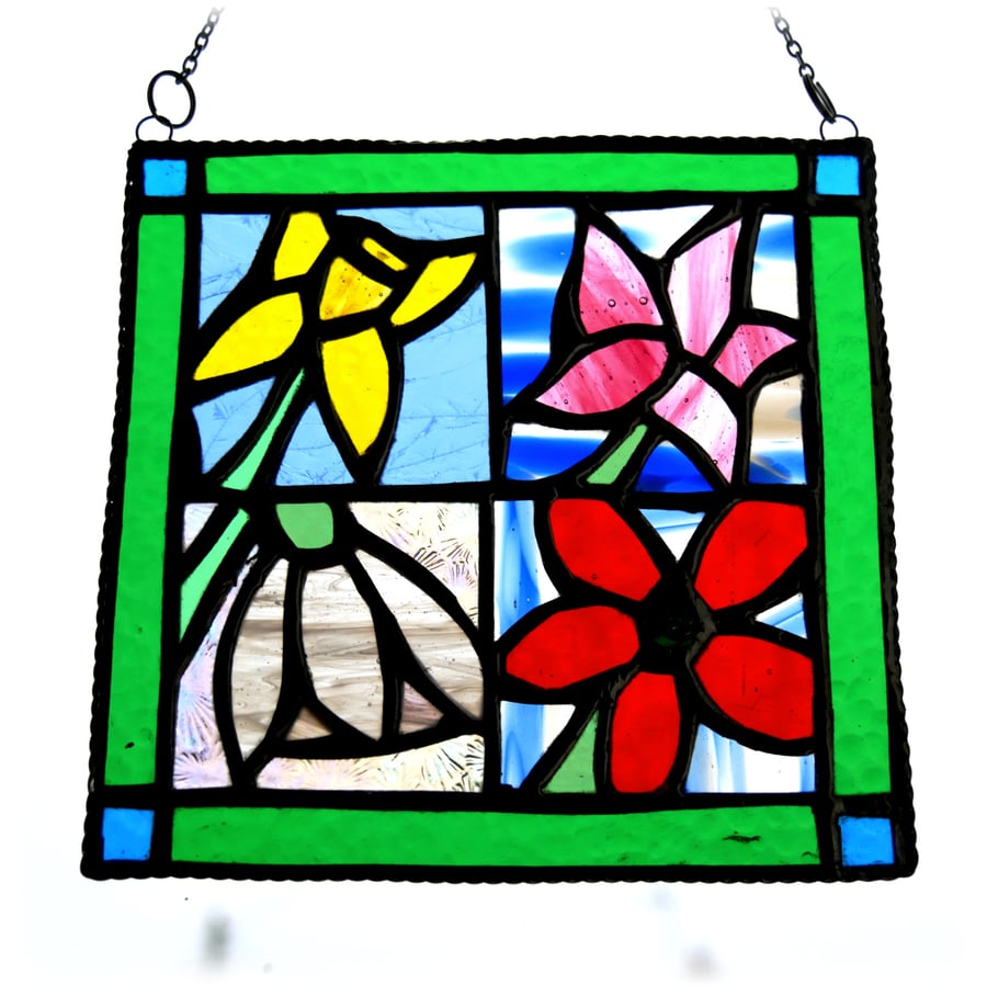 Flower Tile Suncatcher Stained Glass 4 Seasons Framed Picture