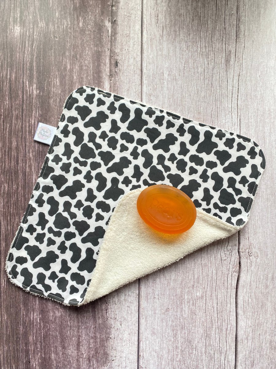 Organic Bamboo Cotton Wash Face Cloth Flannel Black White Cow Print