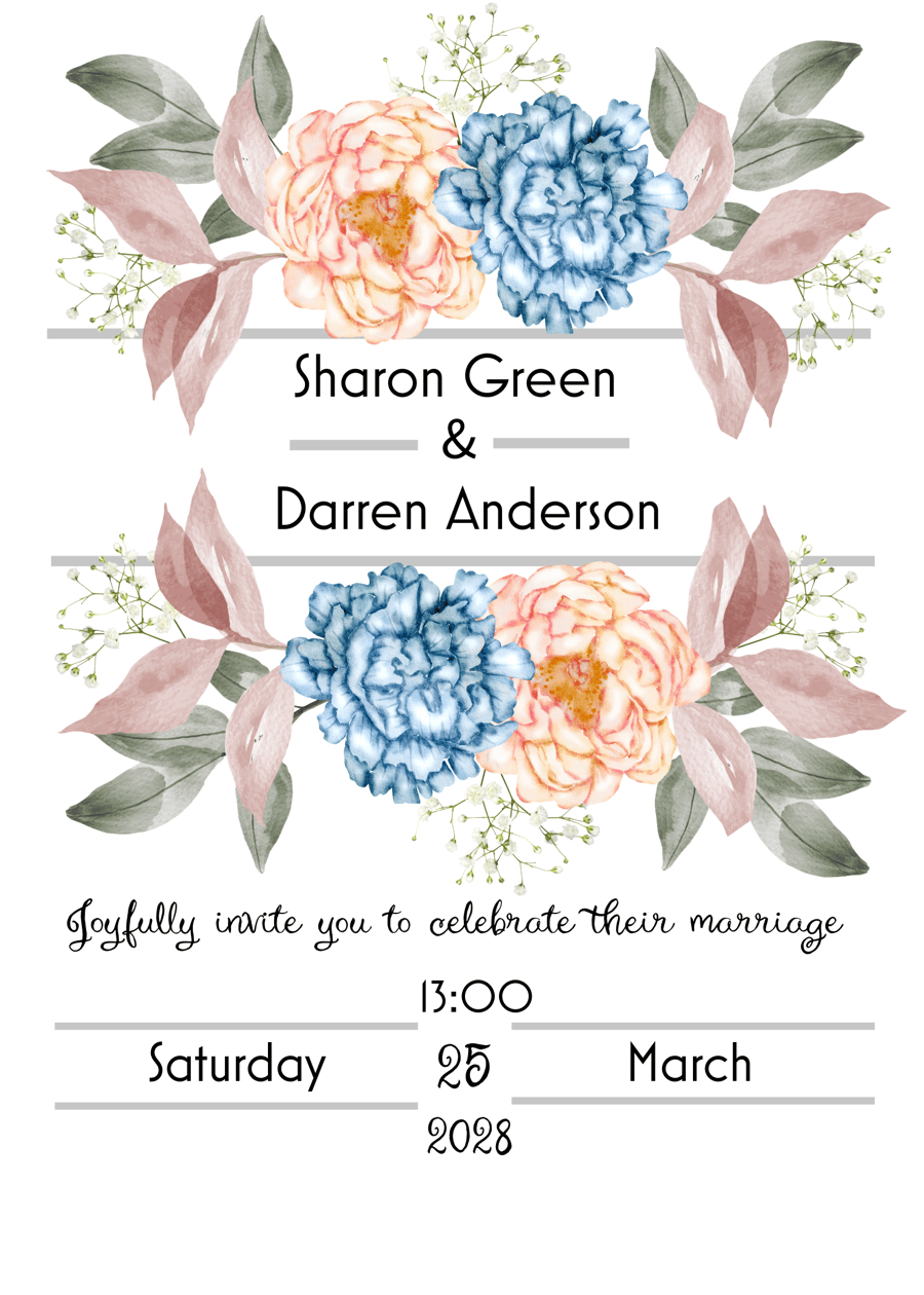 Blush & Blue Bloom Wedding Invitation, Floral Suite, Handmade Envelopes UK