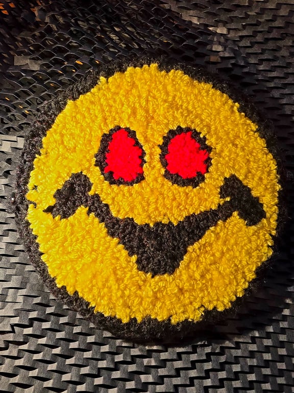 Yellow Smiley Face and Red Eyes Punch Needle Desk Rug Coaster Mouse Mat