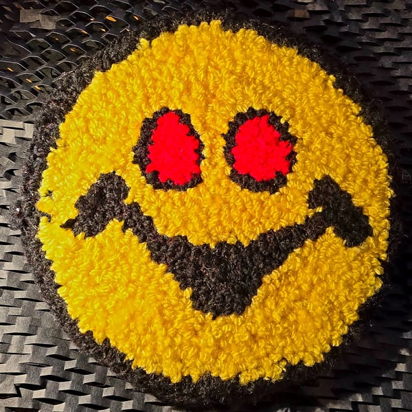 Yellow Smiley Face and Red Eyes Punch Needle Desk Rug Coaster Mouse Mat