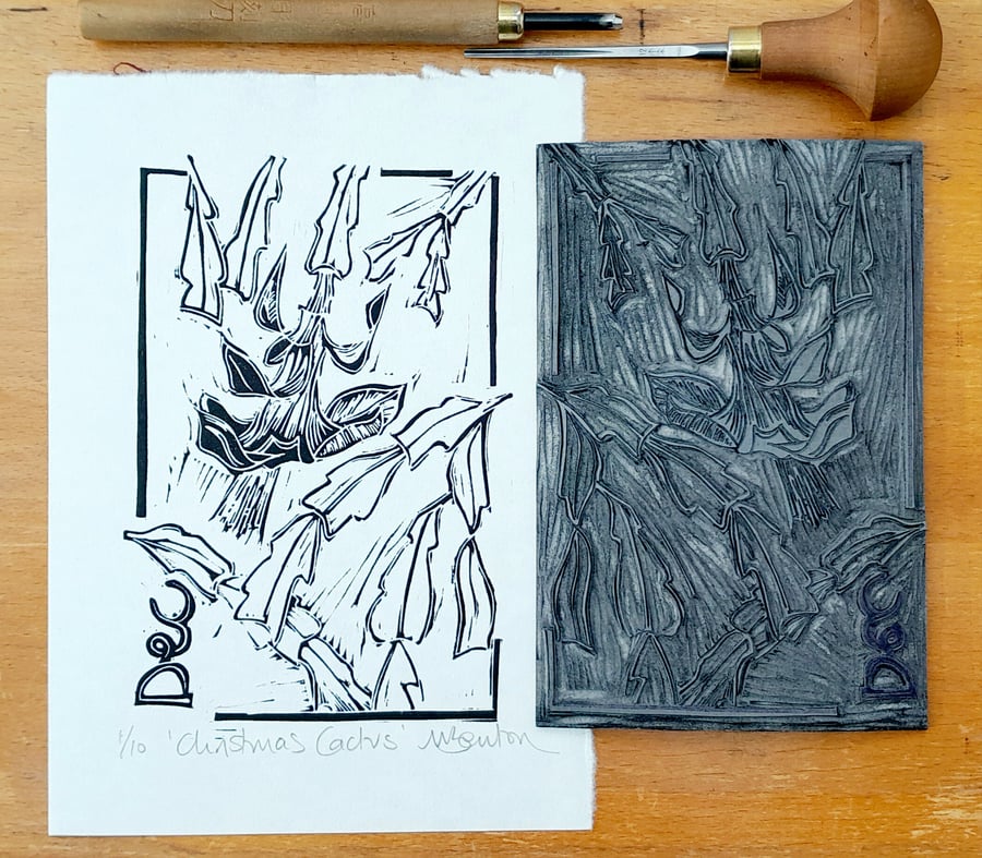 'Christmas Cactus', Lino Print in Black on Hosho Paper