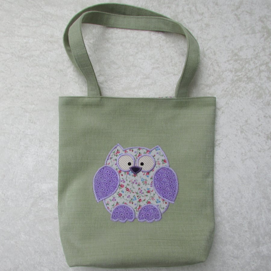 Owl tote bag - Pale green with cream, lilac, pink and blue applique owl