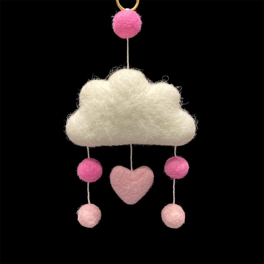 Felted small cloud wall hanging with coloured felt balls and heart (pink)