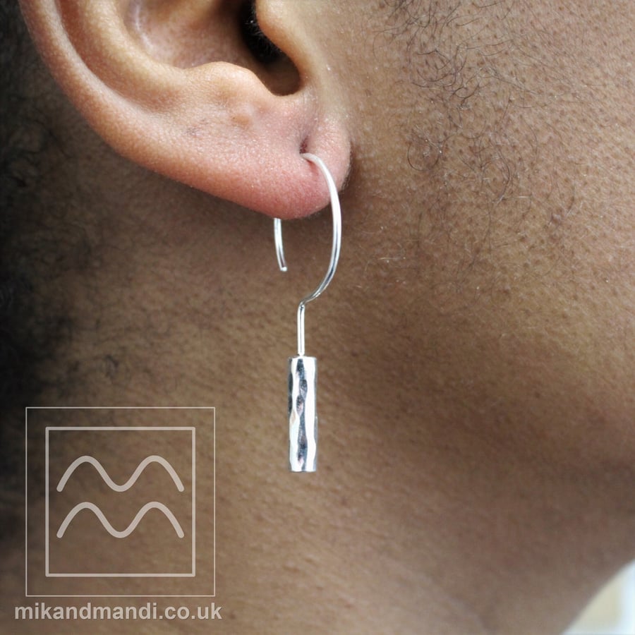 Contrasting Textured Bar Sterling Silver Hoop Dangle 