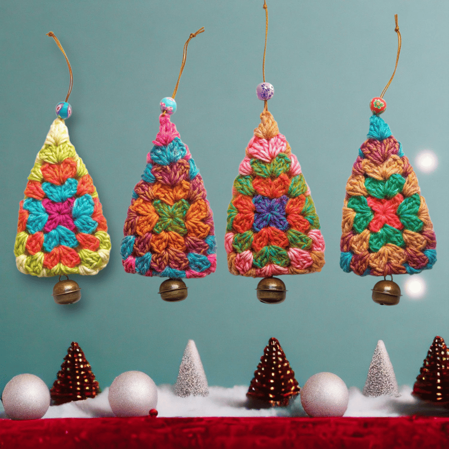 Colourful crochet retro, vintage, boho Christmas tree decorations 