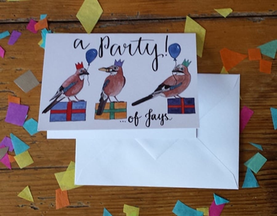 Party of Jays Greeting Card featuring three birds with party hats and presents, 