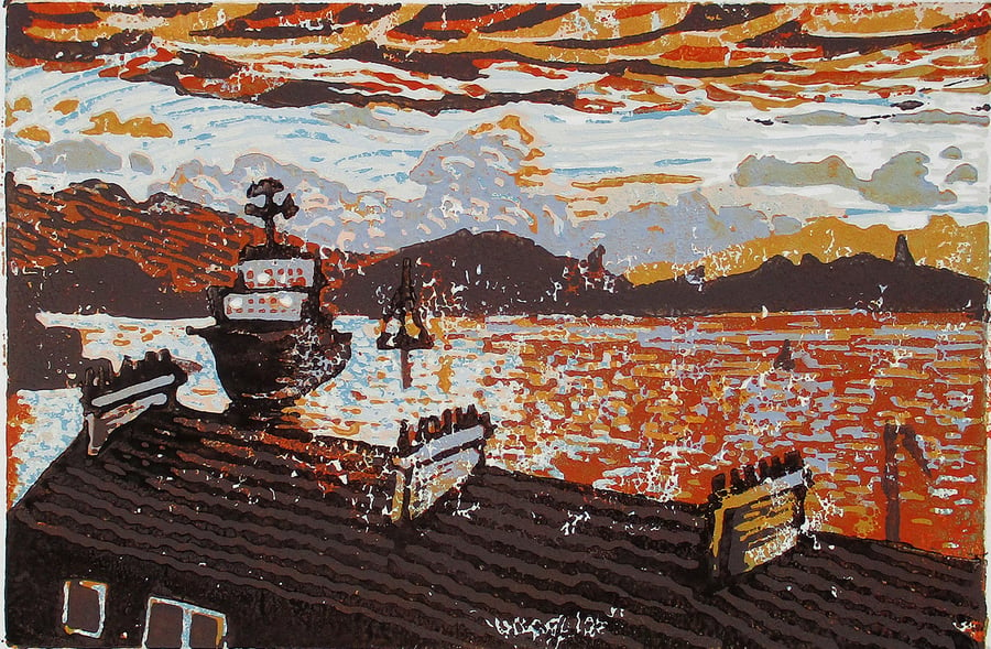 Oban Sunset, Scotland - Original Hand Pressed Reduction Linocut Limited Edition