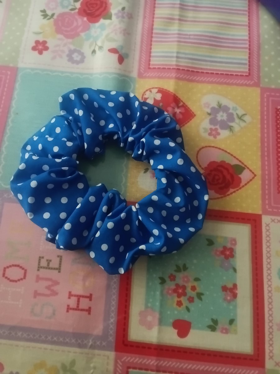 Blue and White Polkadot Scrunchie