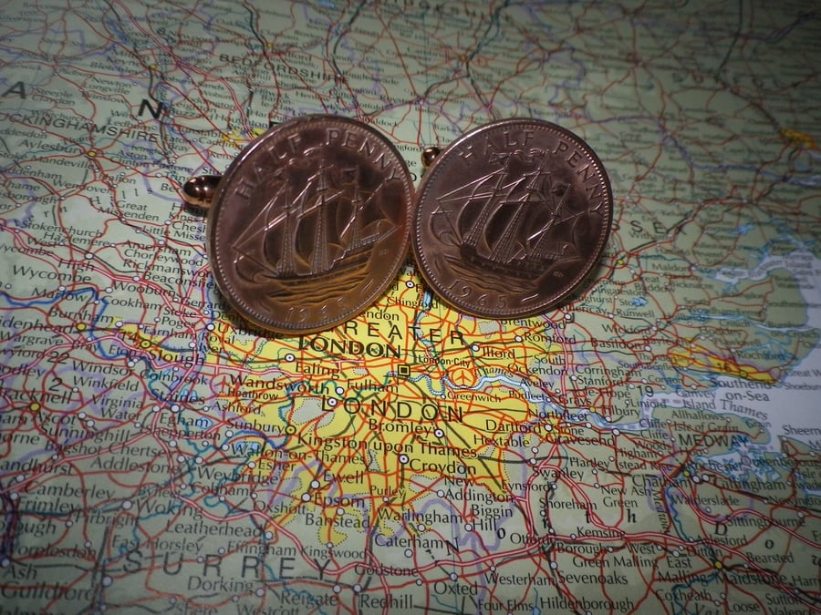 UK Sailing Ship Halfpenny Golden Hind cufflinks, pre , 15 dates, free shipping