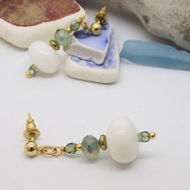 White and green glass earrings glass acrylic gold stud