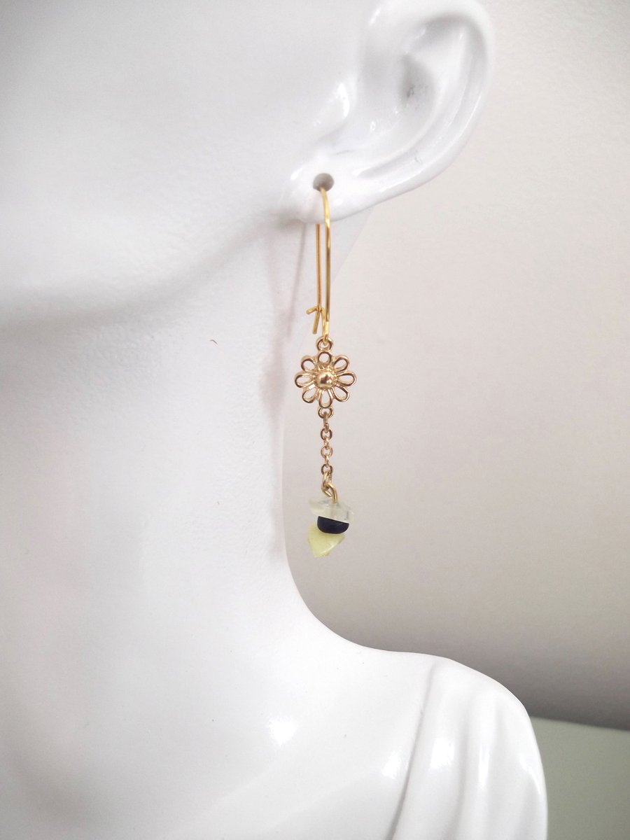 Daisy Flower Drop Earrings Jade, Yellow Quartz & Blue Wood Bead 